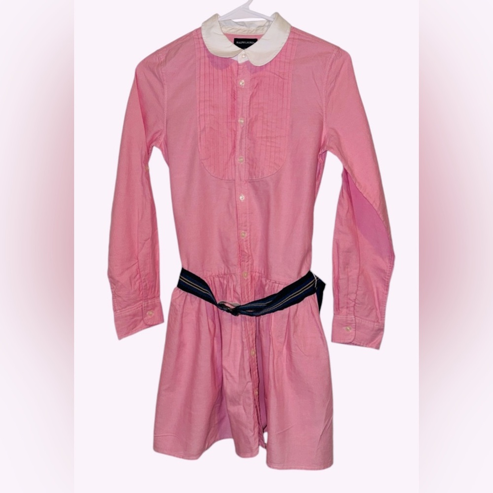 Ralph Lauren Pink Fit Flair Belted Shirt Dress Girls Size 14 Long Sleeve Collar